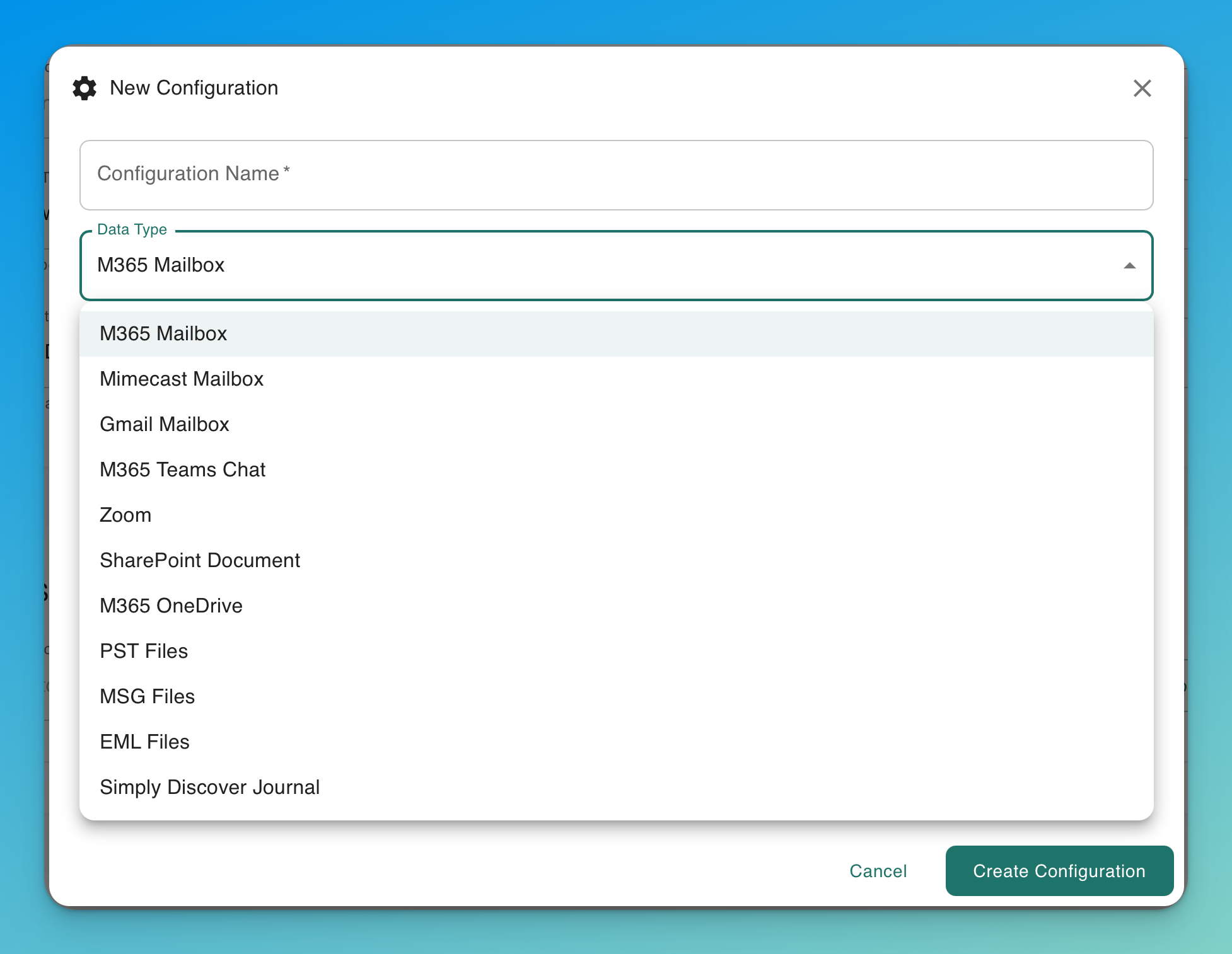 Simply Discover eDiscovery source connection and evidence scoping interface