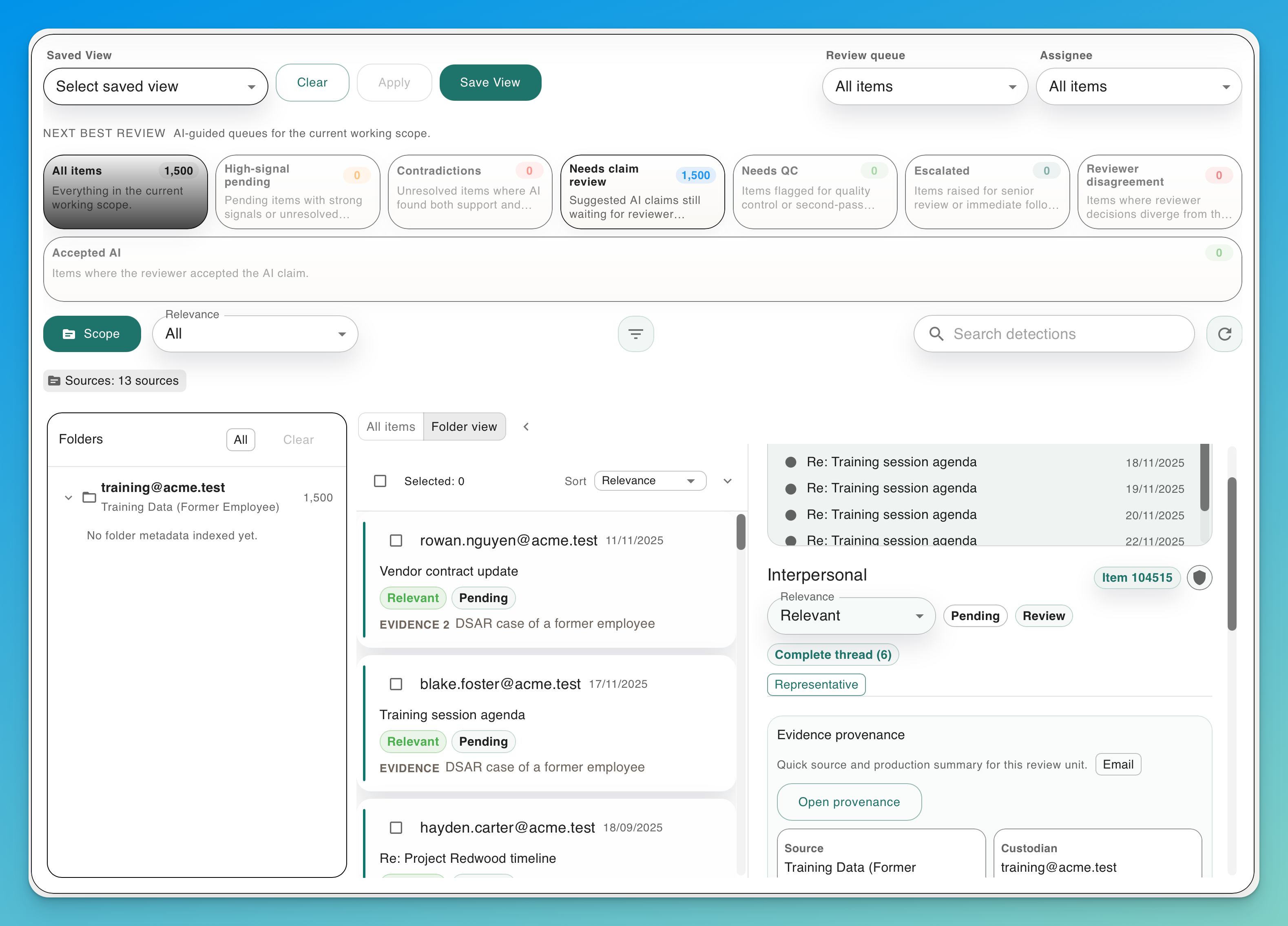 Simply Discover review interface with AI-assisted analysis, evidence citations and reviewer controls