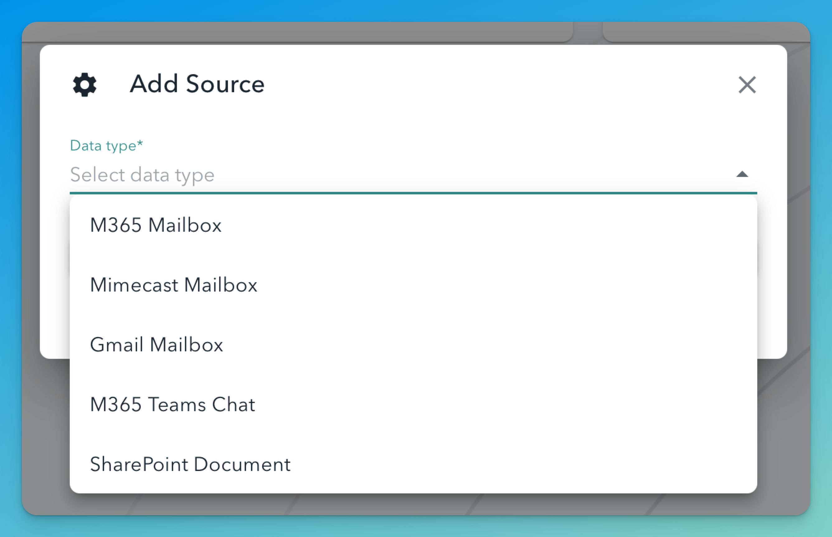 Data Source Connection Interface showing options to connect M365 Mailbox, Mimecast Mailbox, Gmail Mailbox, M365 Teams Chat, and SharePoint Documents