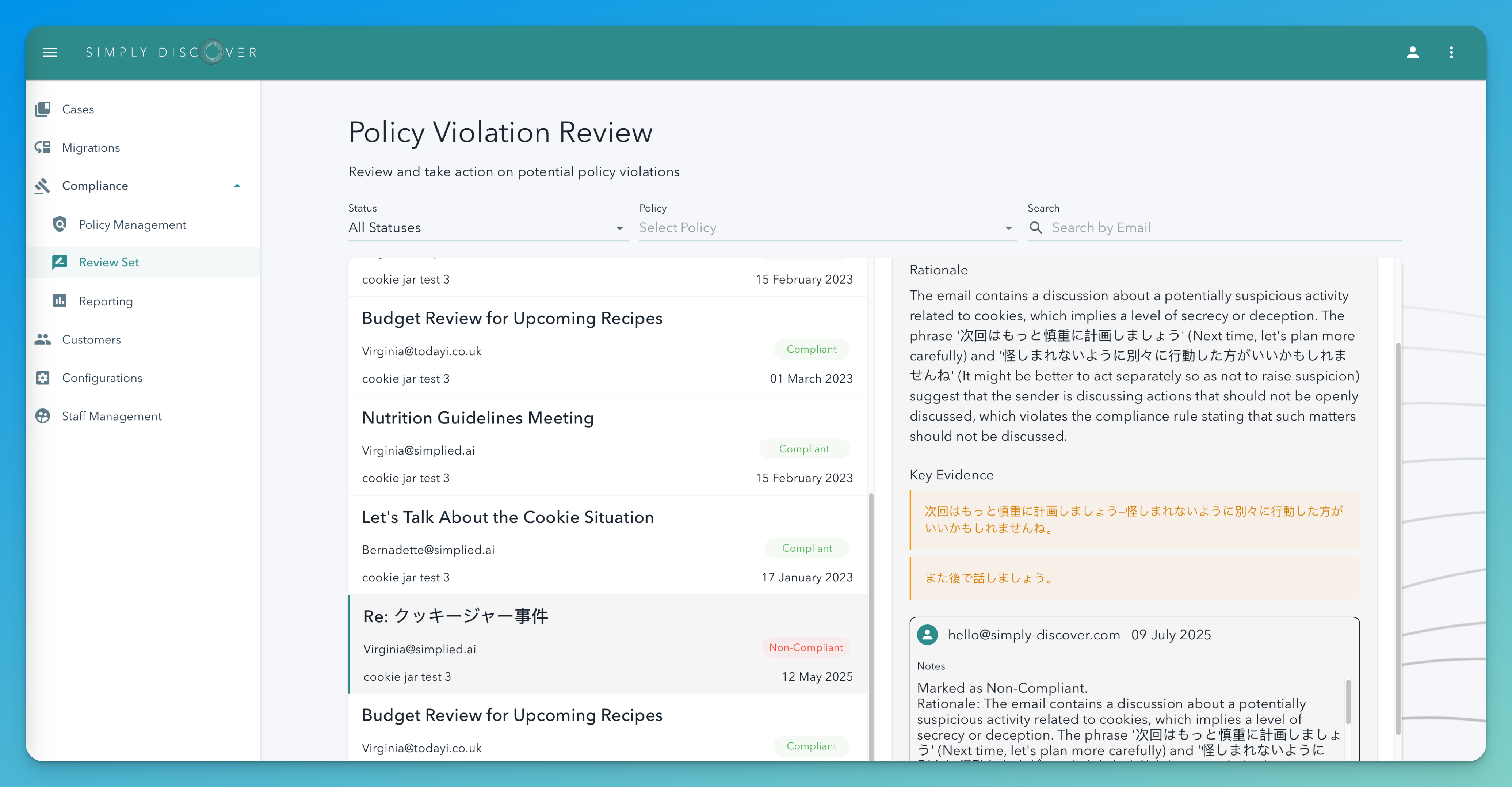 Simply Discover Compliance Review Dashboard